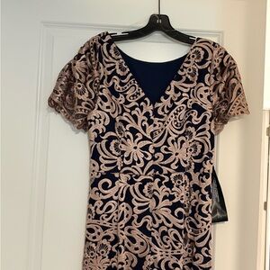 JS Collections Navy and Pink Floral Lace Midi Dress